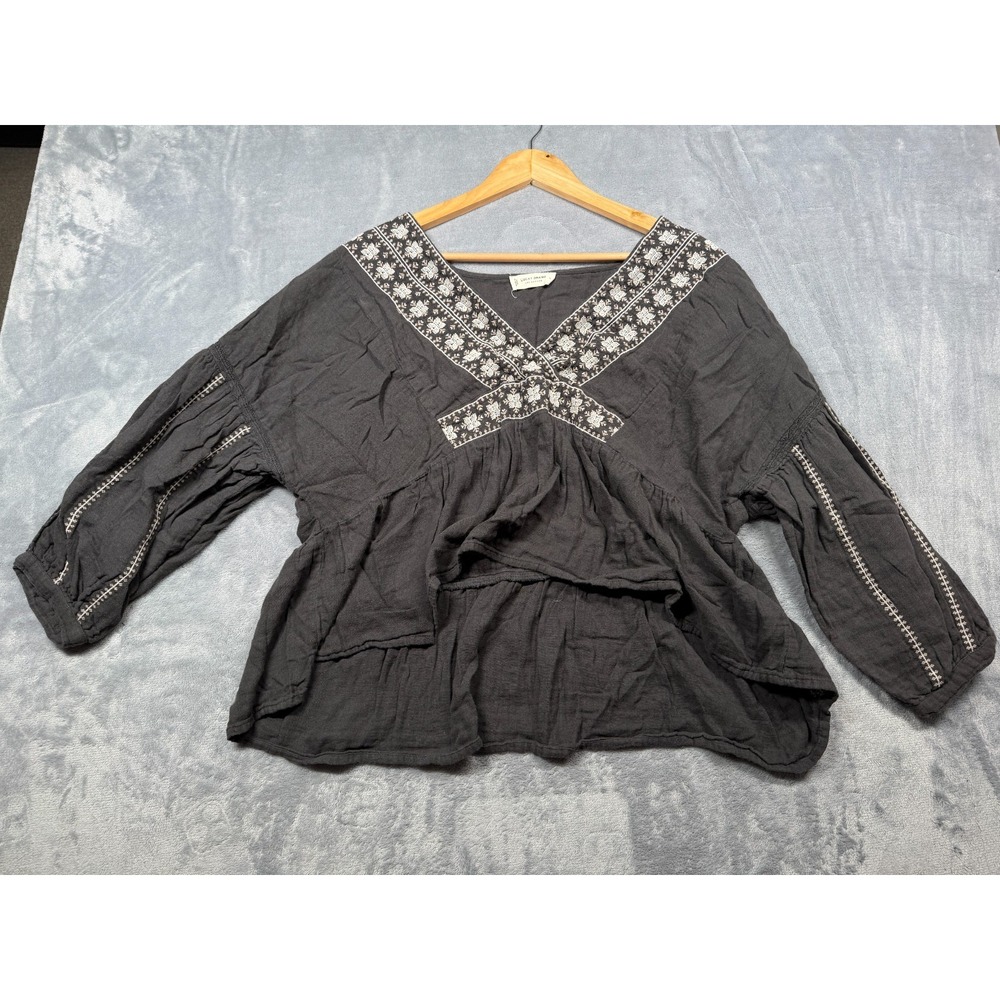 Lucky Brand Peasant Blouse Women Small Black Floral Embroidery Pleated Boho